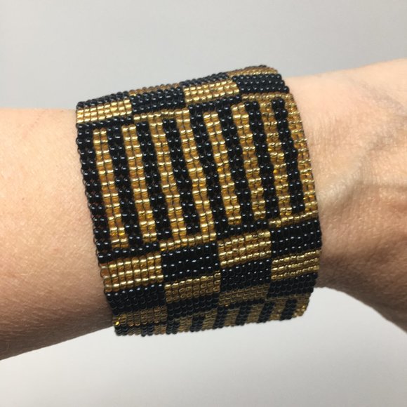 Art Deco Inspired Gold Black Wide Loom Woven Seed Bead Cuff Bracelet - Picture 1 of 16